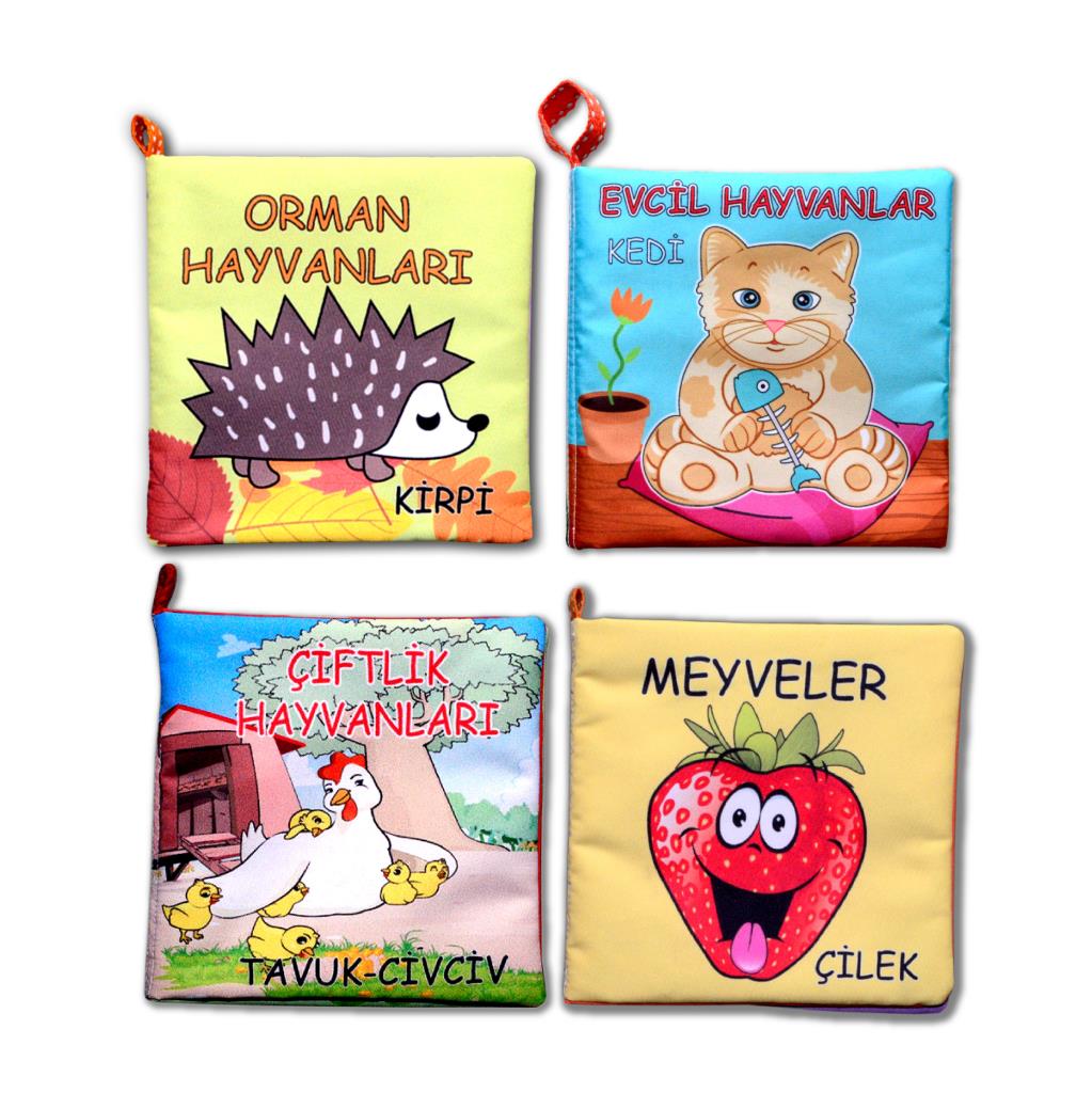 CLZ247 4 Kitap  Meyveler , Çiftlik , Orman ve Evcil Hayvanlar Kumaş Sessiz Kitap