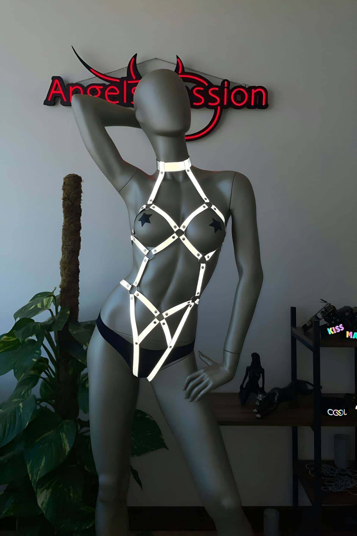 CLZ41 Dansçı Aksesuarları Reflektörlü Body Harness - Ürün Rengi:Beyaz Reflektör