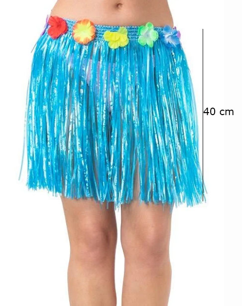 Yetişkin ve Çocuk Uyumlu Mavi Renk Püsküllü Hawaii Luau Hula Etek 40 cm (CLZ)