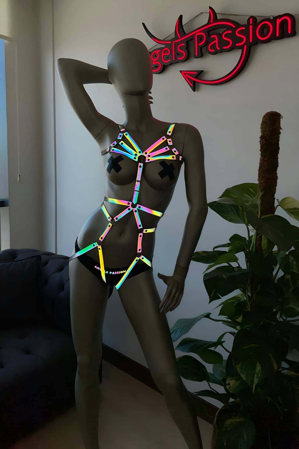 CLZ41 Direk Dans KıyafetleriŞık Reflektörlü Body Harness - Ürün Rengi:Rainbow Reflektör