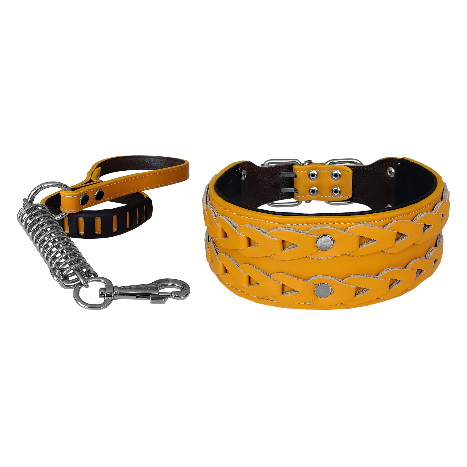 CLZ205  Deri İşlemeli Lüks Köpek Tasma Seti XL 7 cm*60-68 cm Sarı