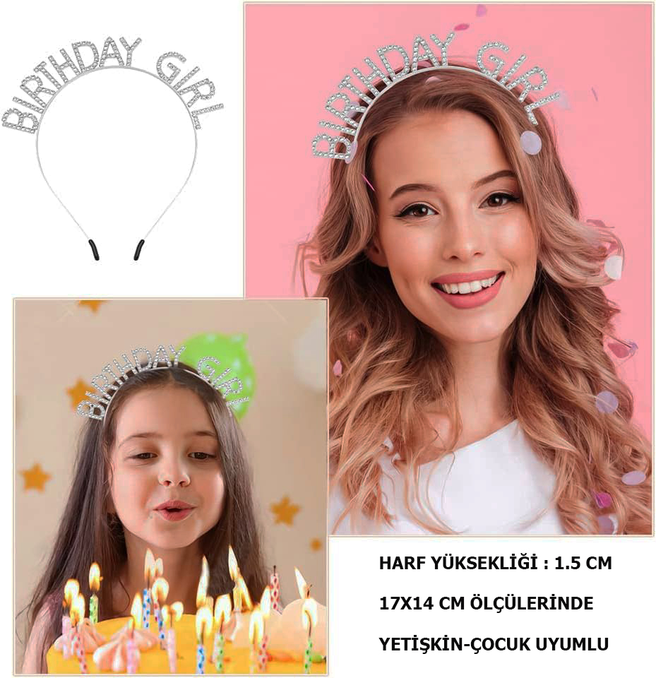 Kristal Taşlı Gümüş Birthday Girl Yazılı Doğum Günü Parti Tacı 19x11 cm (CLZ)