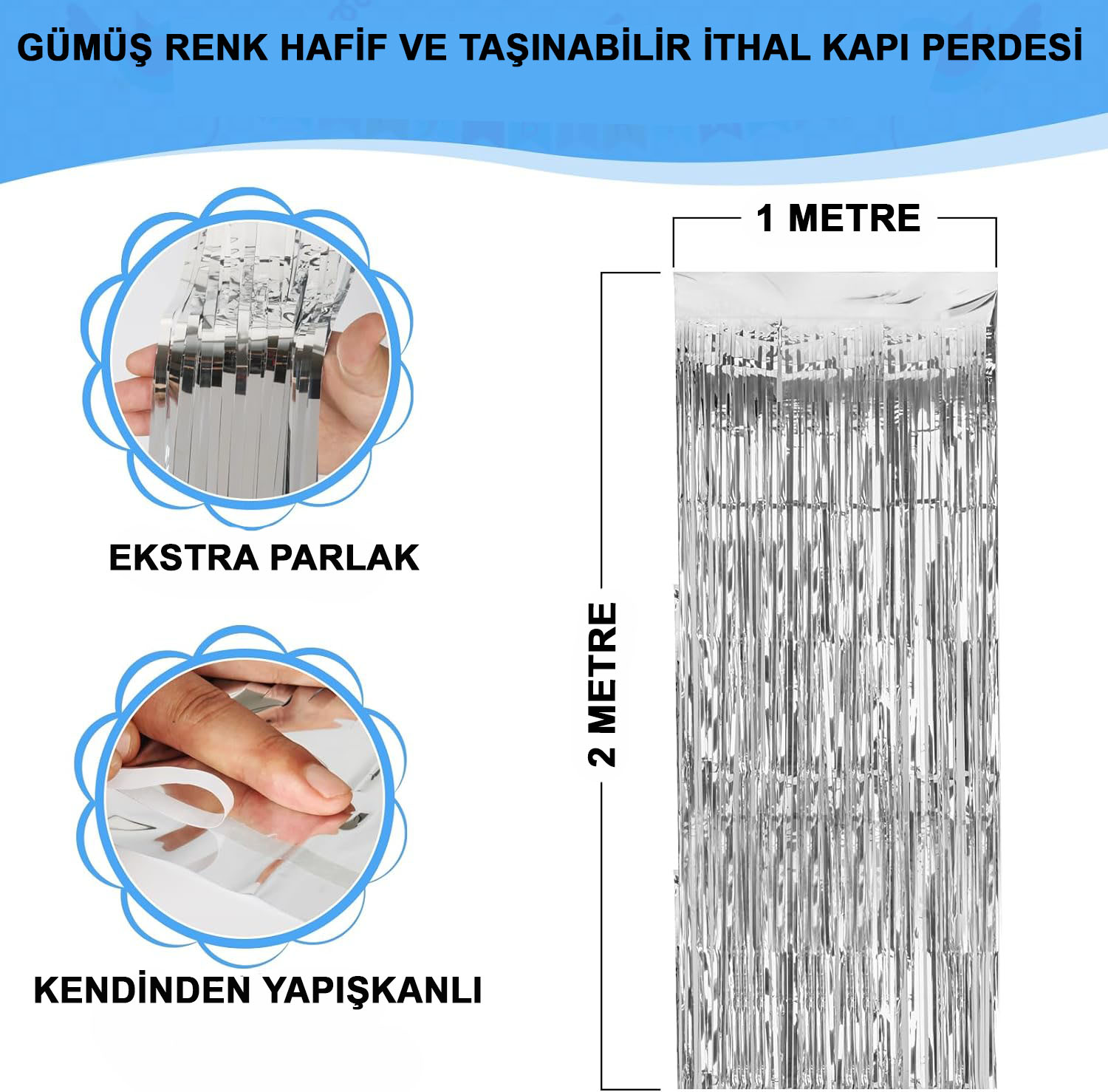 Gümüş Renk Ekstra Metalize Parlak Saçaklı Arka Fon Perde İthal A Kalite 1x2 Metre (CLZ)