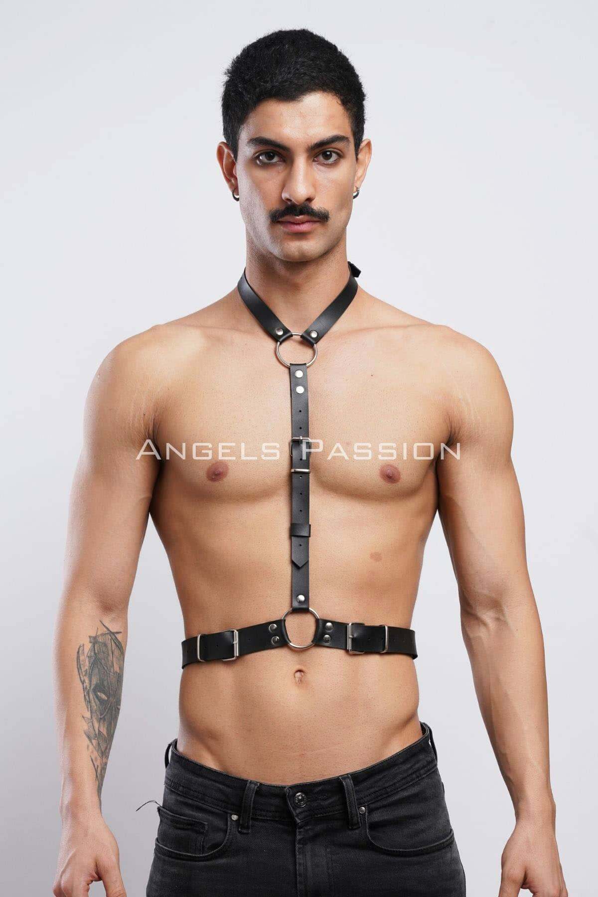 CLZ41 Deri Boyundan Askılı Erkek Harness, Clubwear, Leather Partywear - Ürün Rengi:Siyah