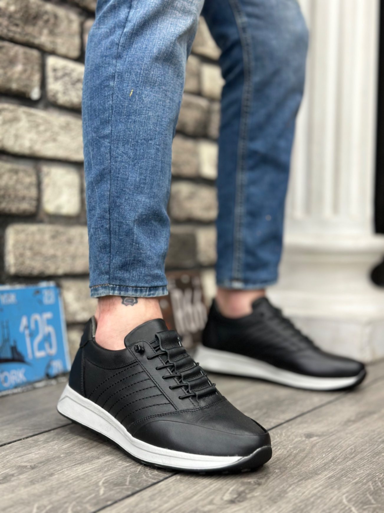 CLZ946 İçi Dışı Hakiki Deri Gizli Bağcık Rahat Taban Siyah Sneakers Casual Erkek Ayakkabı