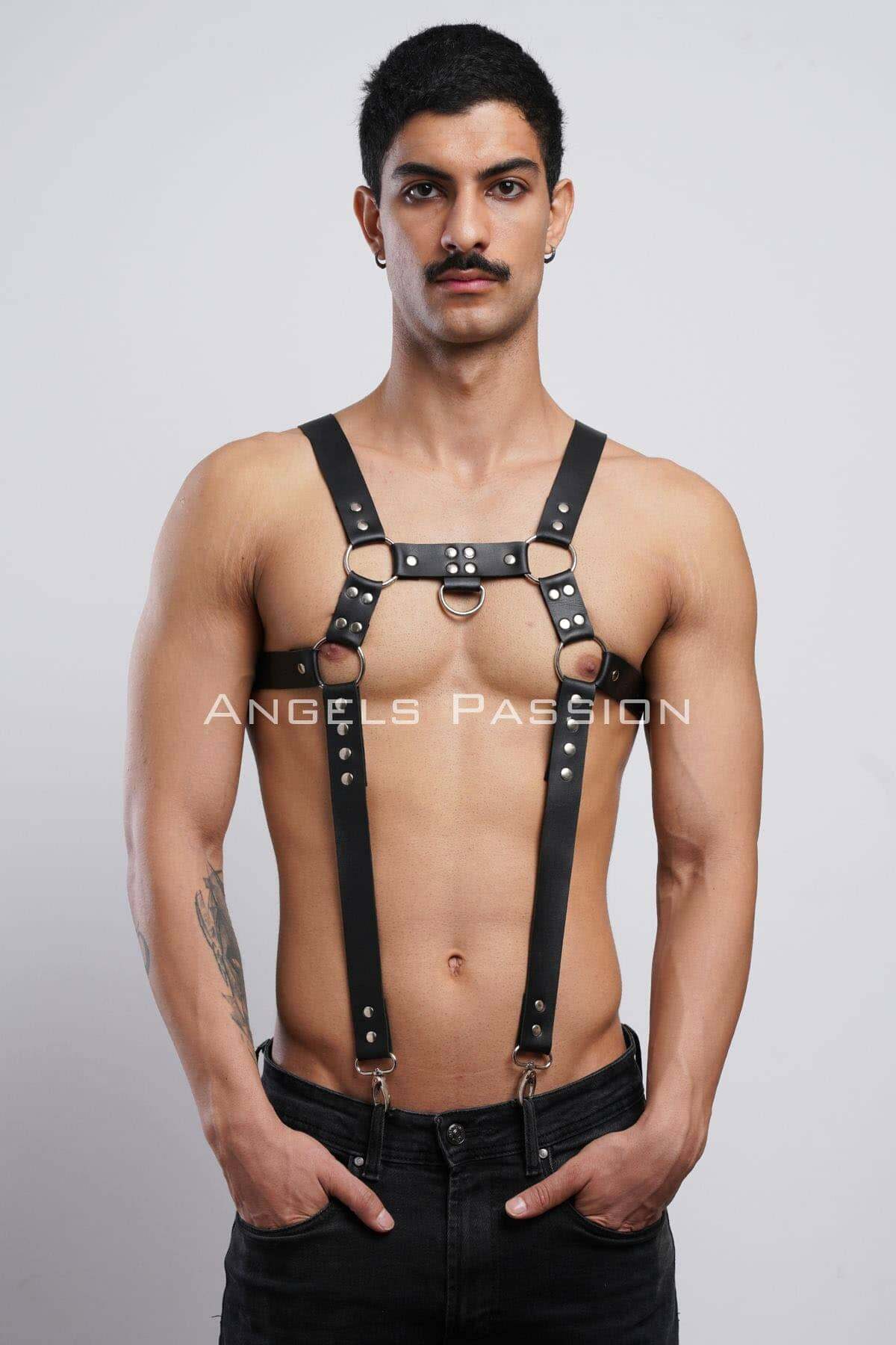 CLZ41 Erkek Göğüs Harness, Erkek Deri Pantolon Askısı, Erkek Clubwear - Ürün Rengi:Kırmızı