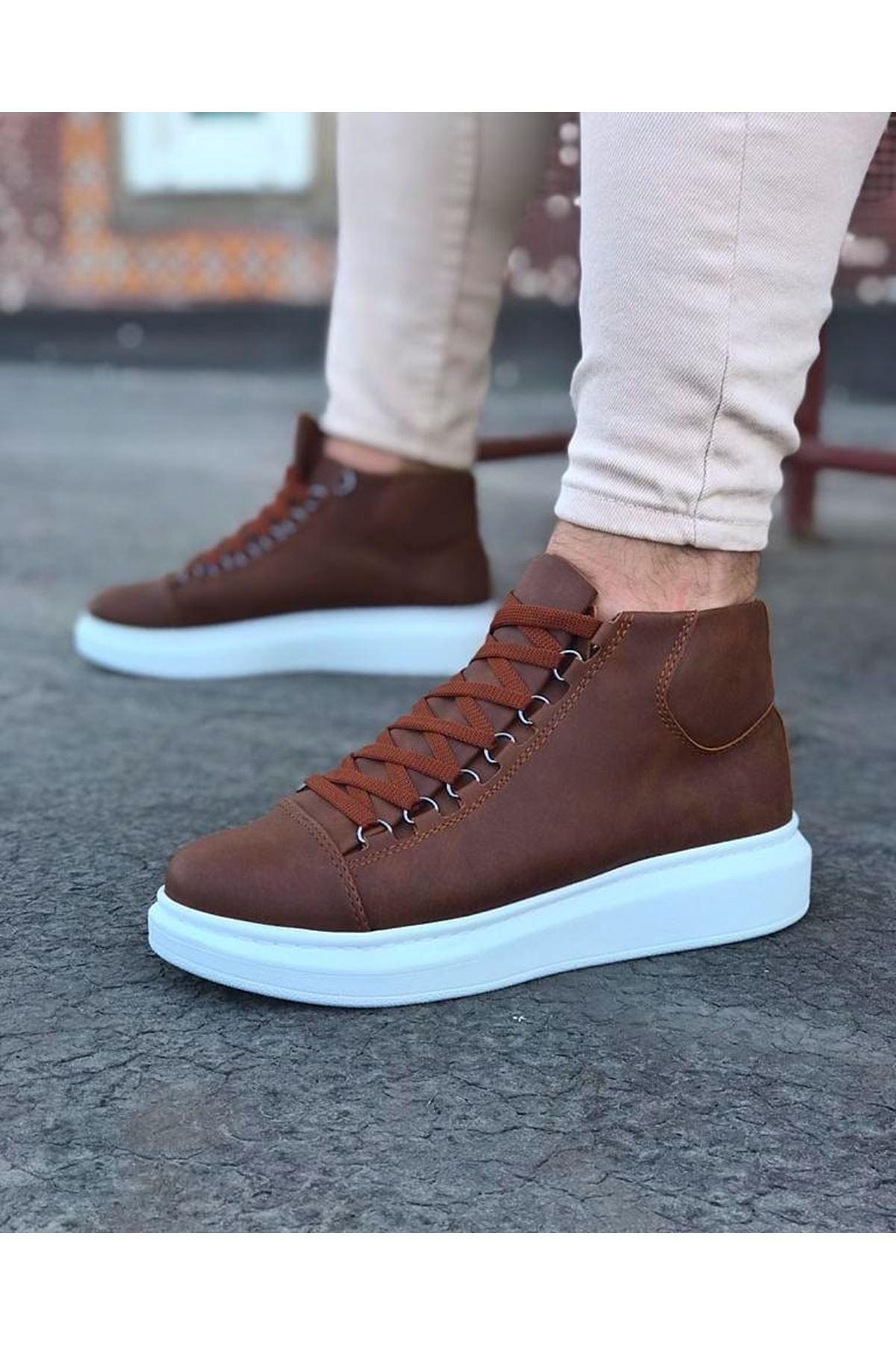 CLZ943 Taba Bağcıklı Sneakers  Yarım Bilek Bot