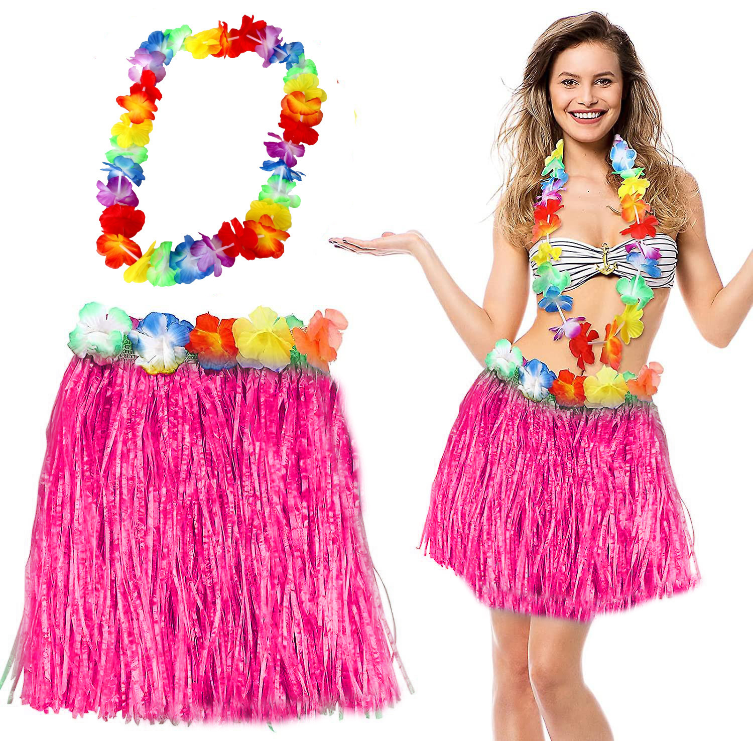 Hawaii Luau Aloha Pembe Püsküllü 40 cm Etek ve Hawaii Kolye Seti (CLZ)