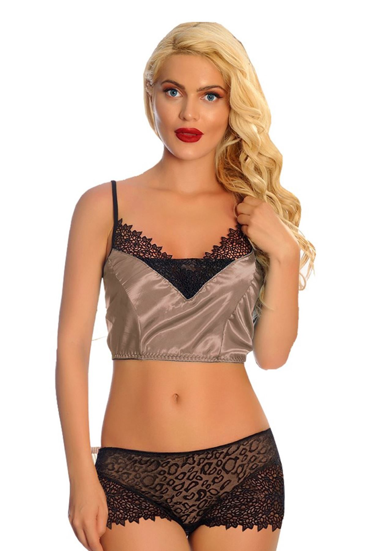 CLZ946 Vizon Saten Dantelli Babydoll Şortlu Takım