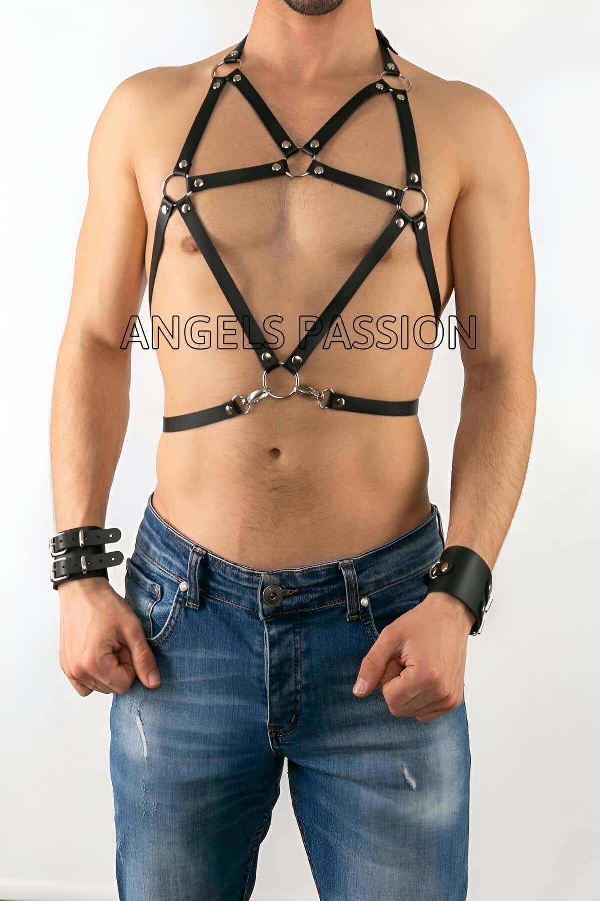 CLZ41 Deri Erkek Göğüs Üzeri Harness - Ürün Rengi:Kırmızı