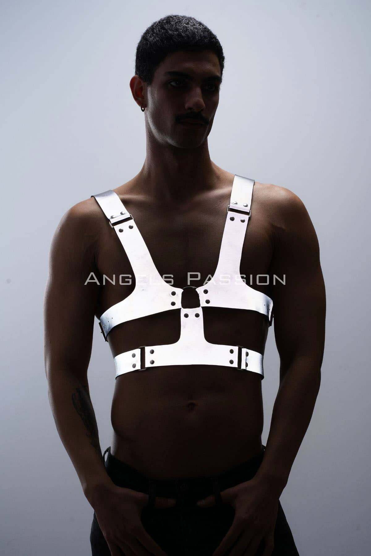 CLZ41 Reflektörlü (Karanlıkta Parlayan) Sert Göğüs Harness, Gay Harness Aksesuar, Gay Giyim - Ürün Rengi:Beyaz Reflektör