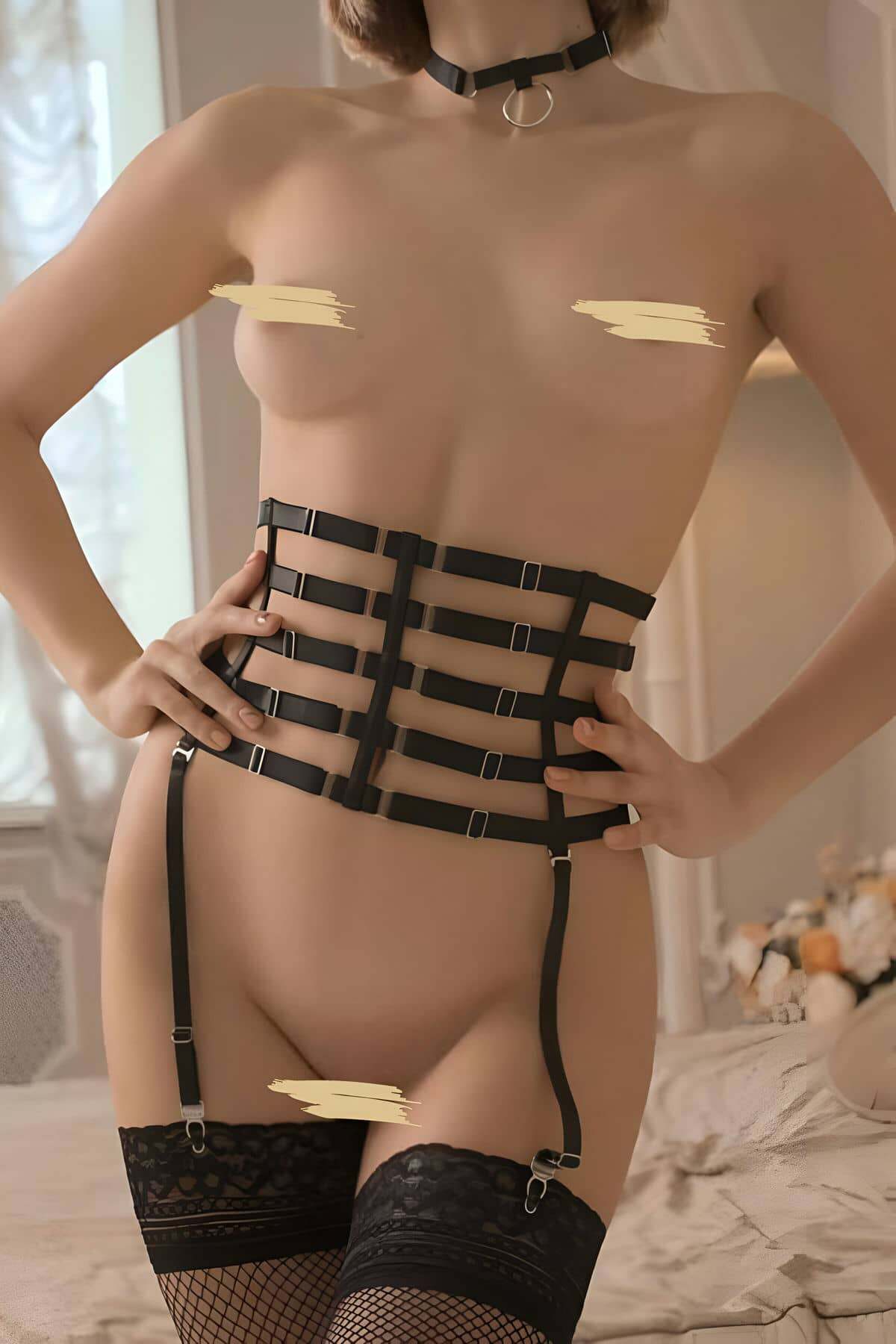 CLZ41 Lastik Bel Korse Harness, Fantazi İç Giyim Harness - Ürün Rengi:Beyaz