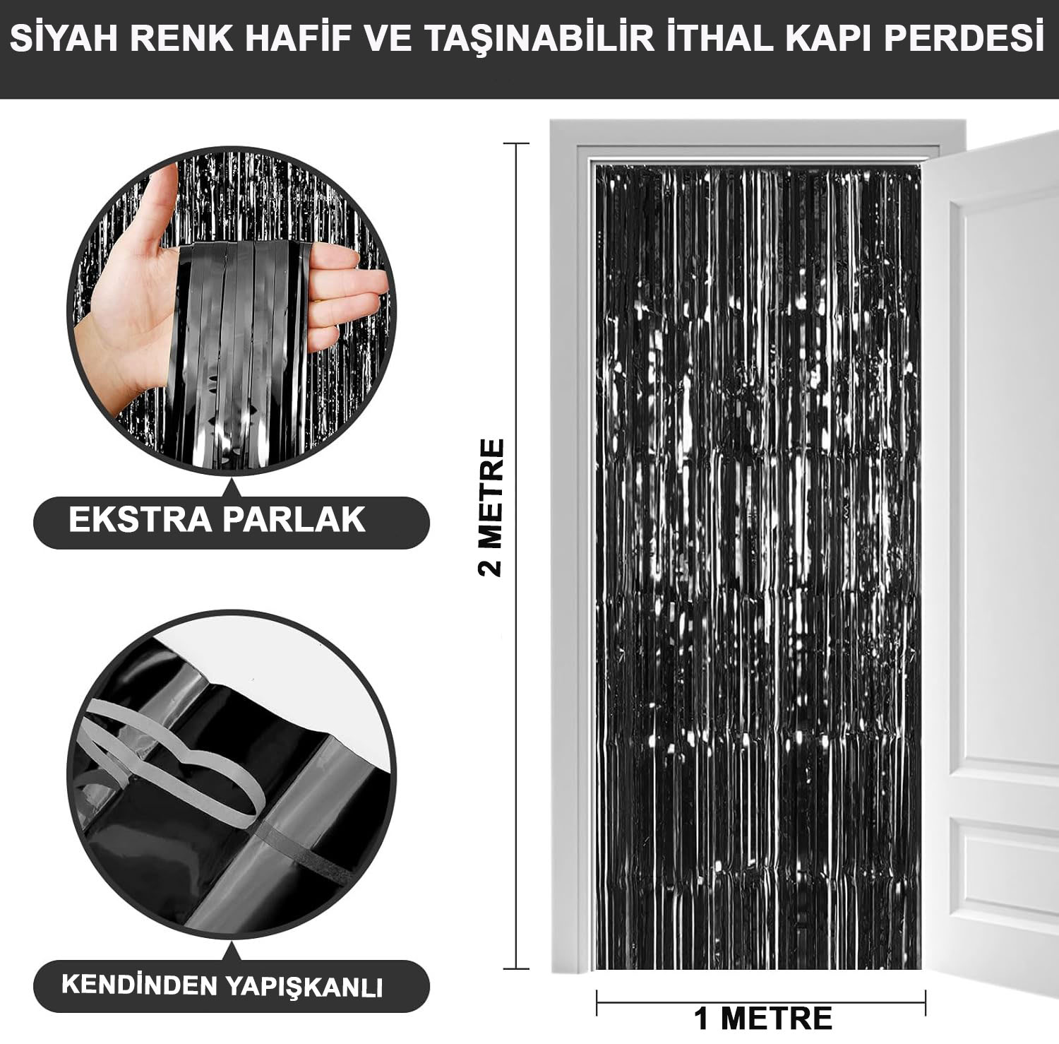 Siyah Renk Ekstra Metalize Parlak Saçaklı Arka Fon Perde İthal A Kalite 1x2 Metre (CLZ)