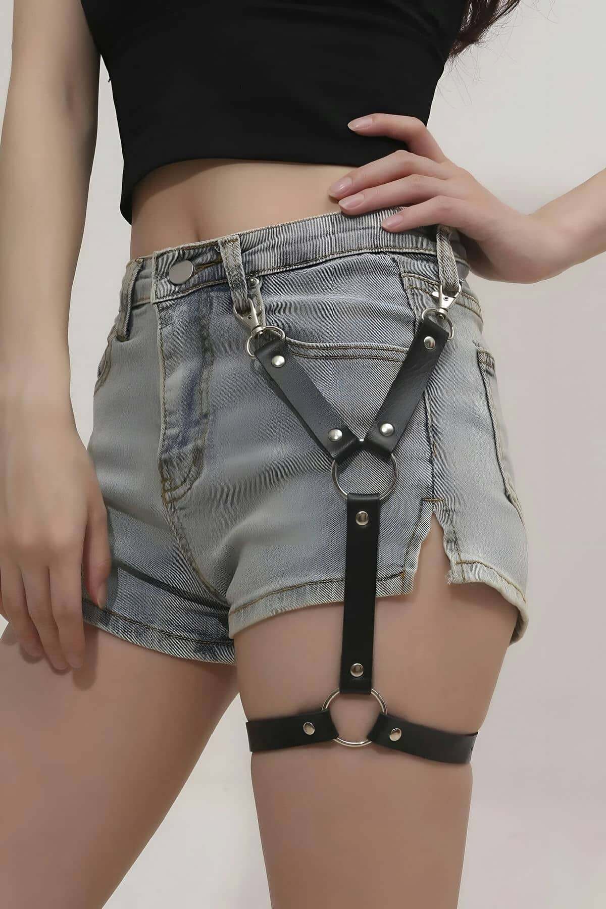 CLZ41 Tek Bacak Deri Jartiyer Harness - Ürün Rengi:Siyah