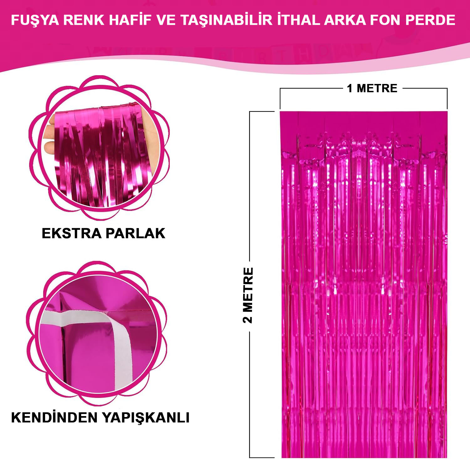 Fuşya Renk Ekstra Metalize Parlak Saçaklı Arka Fon Perde İthal A Kalite 1x2 Metre (CLZ)