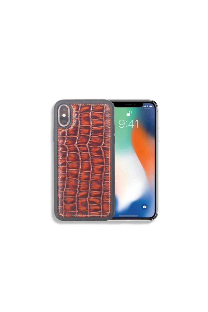 CLZ359  Kahve Büyük Croco Desenli Deri iPhone X / XS Kılıfı