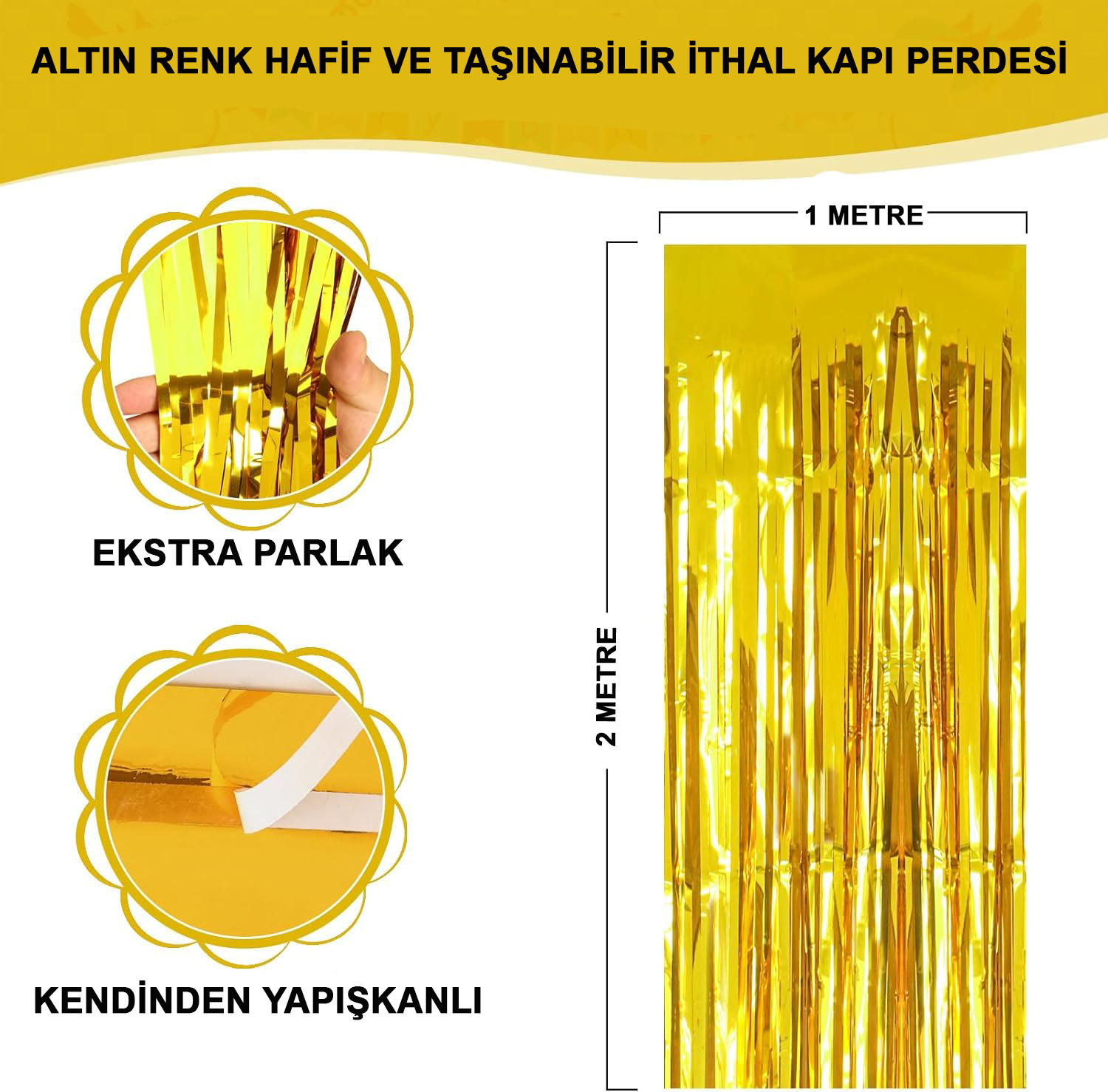 Altın Gold Renk Ekstra Metalize Parlak Saçaklı Arka Fon Perde İthal A Kalite 1x2 Metre (CLZ)