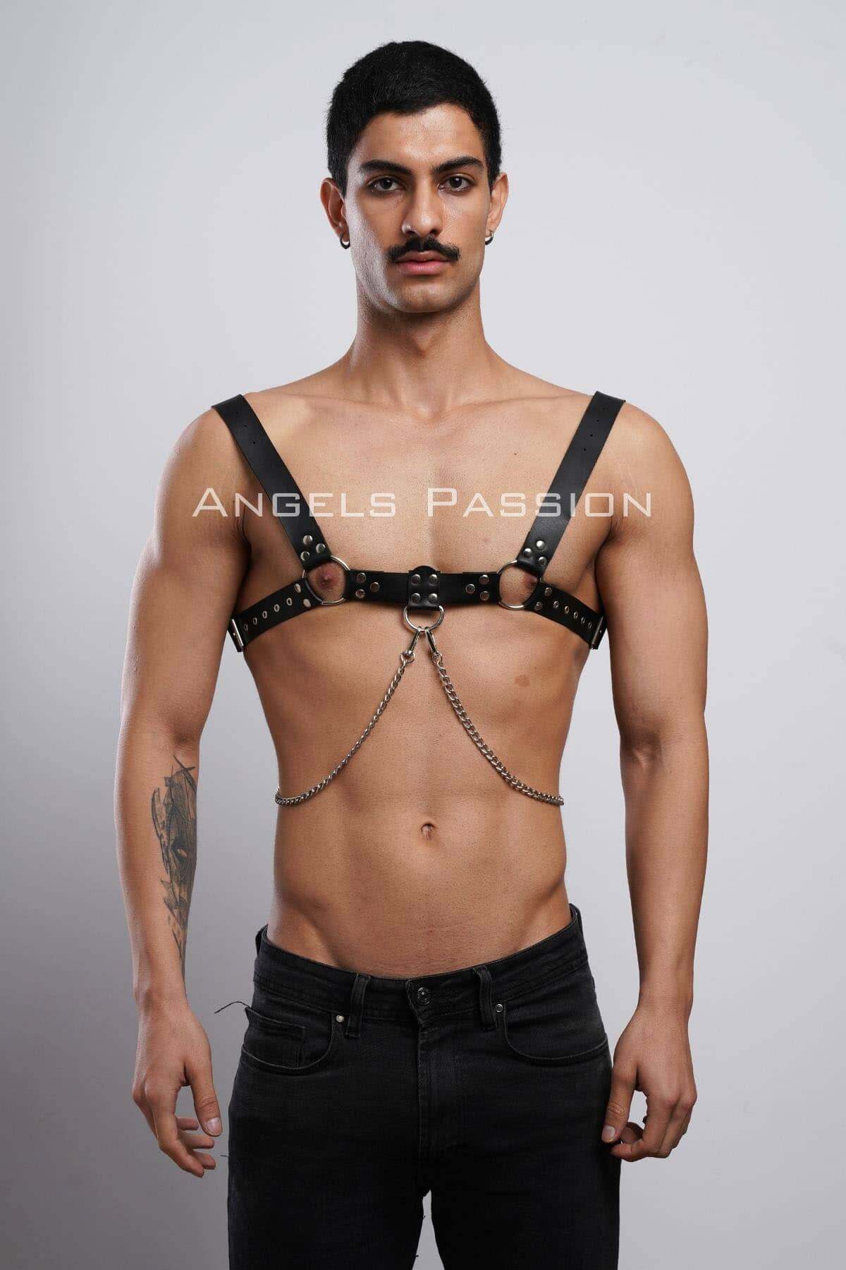 CLZ41 Erkek Gömlek Kemeri, Zincirli Göğüs Harness, Partywear, Clubwear - Ürün Rengi:Kırmızı