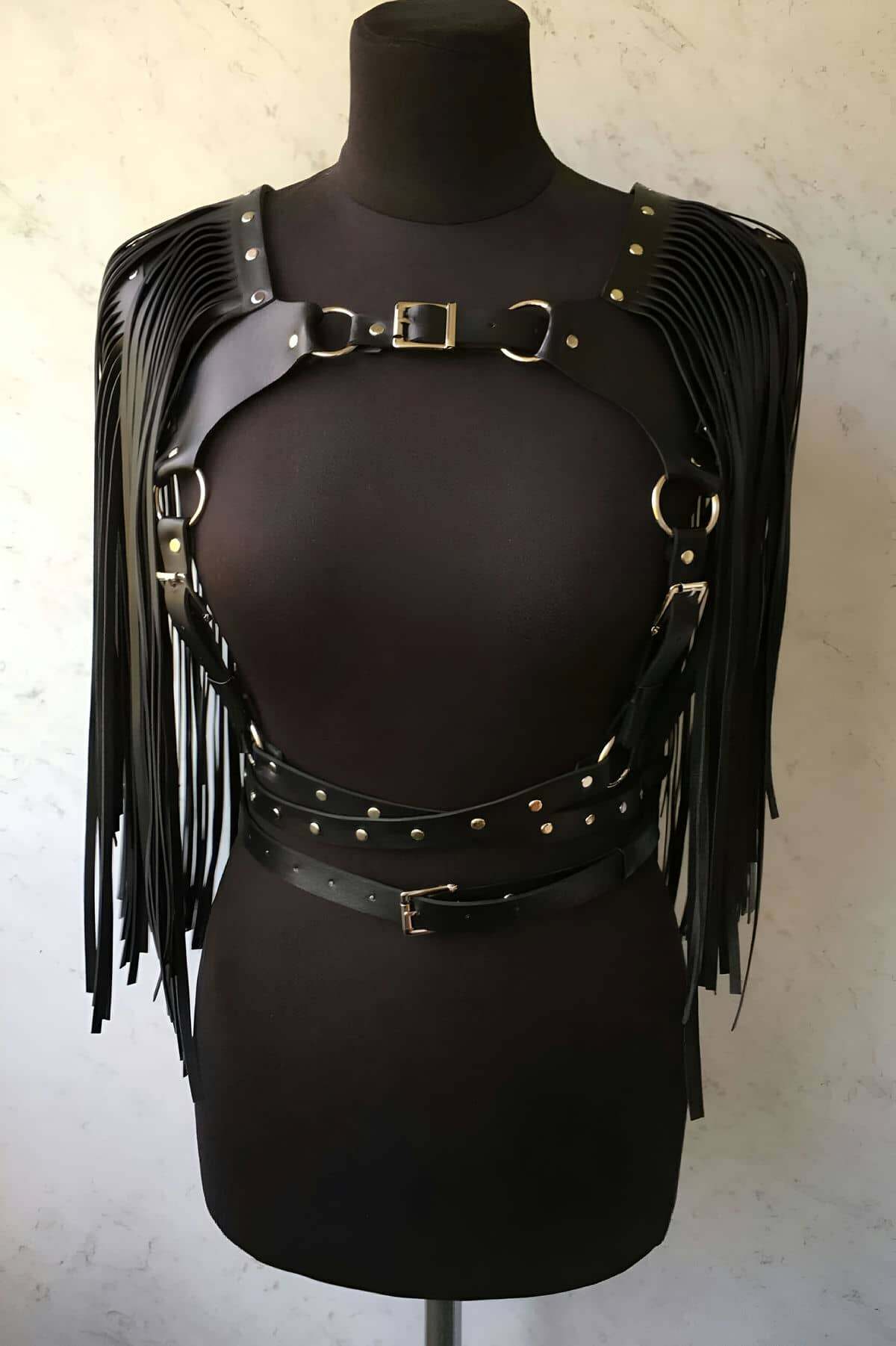 CLZ41 Püsküllü Deri Ceket Harness, Şık Deri Harness Ceket - Ürün Rengi:Kırmızı