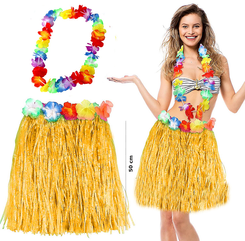 Hawaii Luau Aloha Sarı Püsküllü 50 cm Etek ve Hawaii Kolye Seti (CLZ)