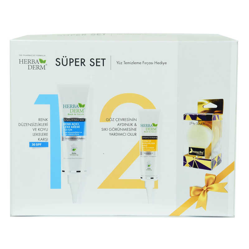 CLZ214 Süper Set Renk Açıcı Leke Kremi 55 ML+Göz Altı Kremi 15 ML + Hediye Yüz Temizleme Fırçası