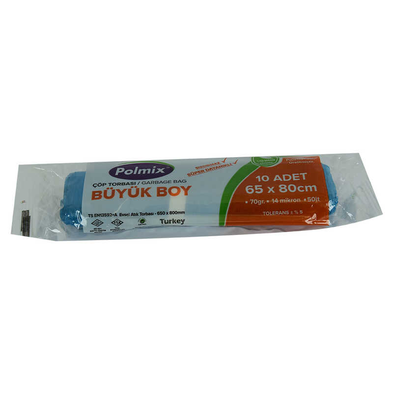 CLZ214 Çöp Torbası Büyük Boy 65x80Cm 70Gr 14Mikron 50Lt Mavi Rulo 10 Adet