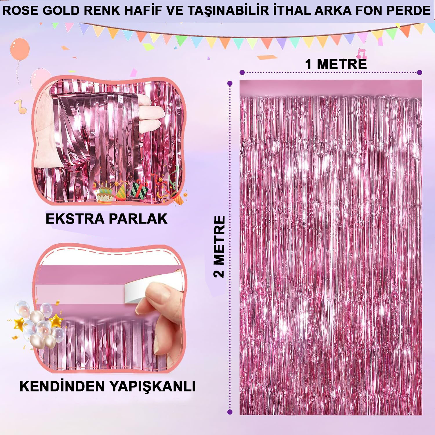 Rose Gold Renk Ekstra Metalize Parlak Saçaklı Arka Fon Perde İthal A Kalite 1x2 Metre (CLZ)