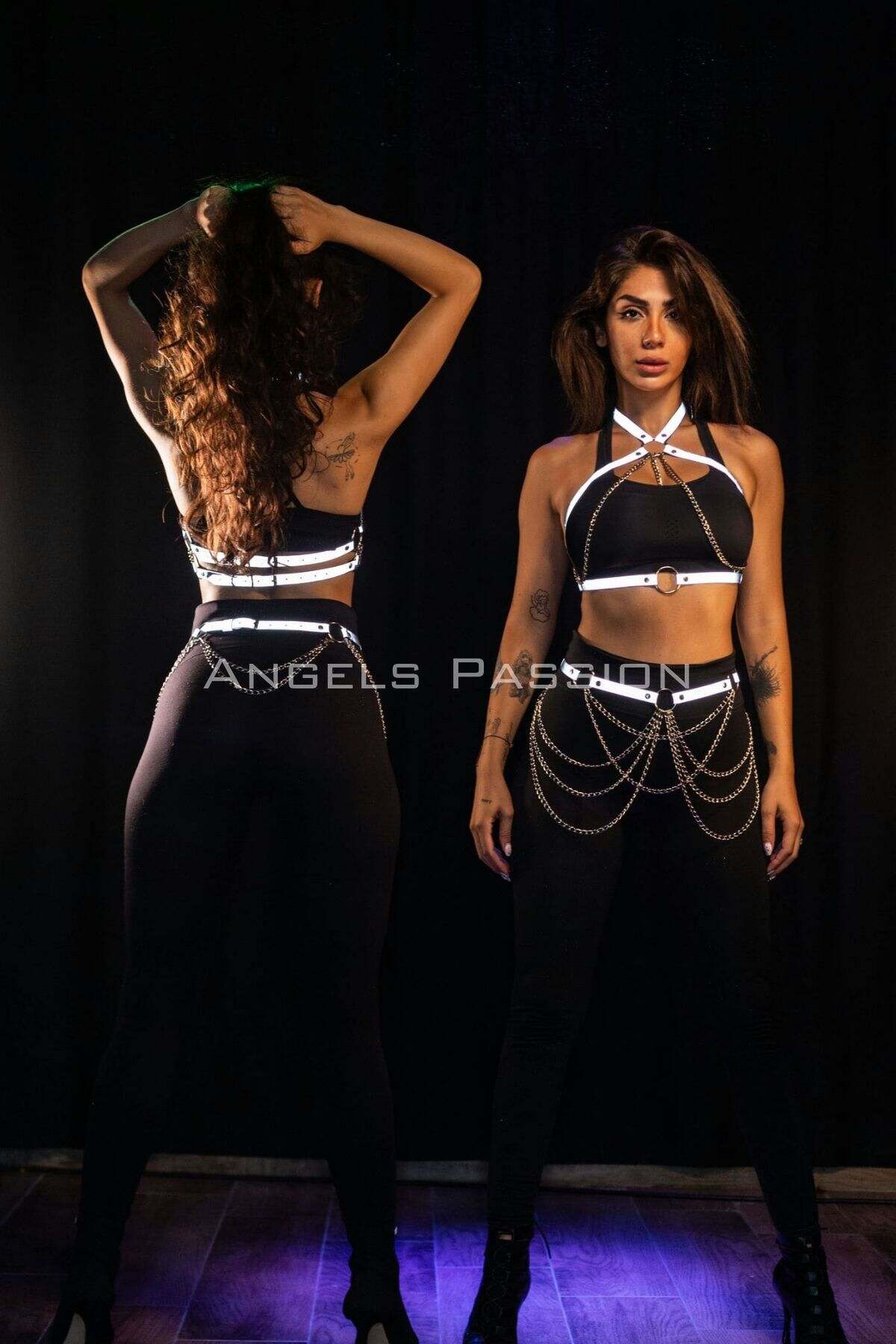 CLZ41 Karanlıkta Yansıyan Reflektörlü Zincirli Harness Takım, Dancewear, Partywear - Ürün Rengi:Beyaz Reflektör